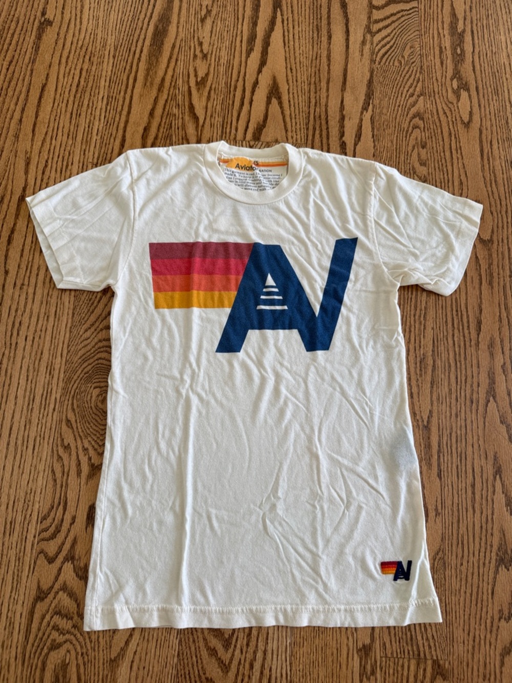 Aviator Nation White Tee with Sunset Stripes and Navy 'AN' Logo